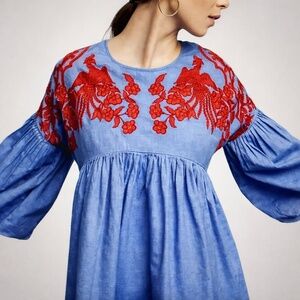 Anthropologie Hemant & Nandita Lianna Embroidered Chambray Top S